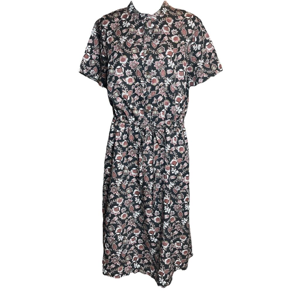 Lands' End Small Gray Floral Drawstring Waist Midi-Dress 1/2 Button-up Front
